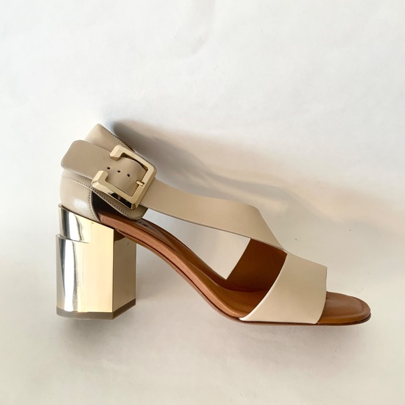 CLERGERIE Women's Beige Leather Abstract Gold Block-Heel Sandals Open toe Pumps - Picture 15 of 16